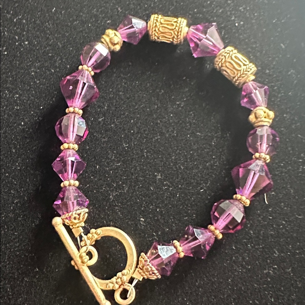 Elegant Purple Swarovski crystal and Gold Vermeil Beaded Bracelet
